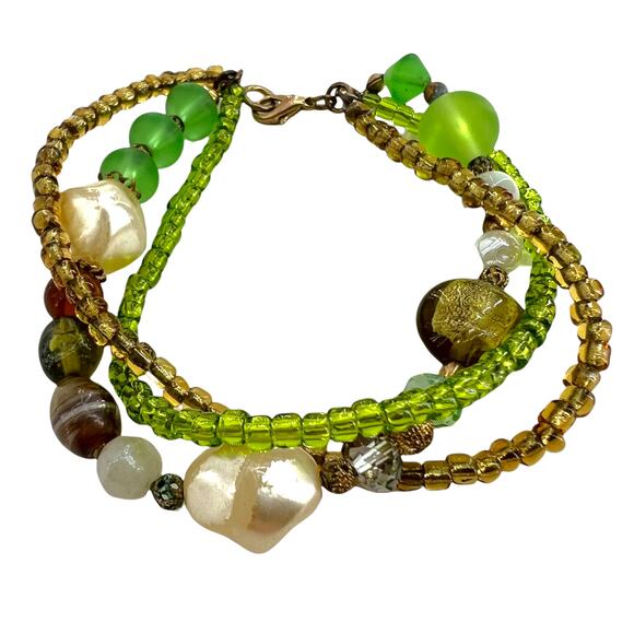Green Beaded Faux Pearl Glass Multi Strand 8.5 inch Gold Lobster Claw Bracelet - Picture 1 of 4